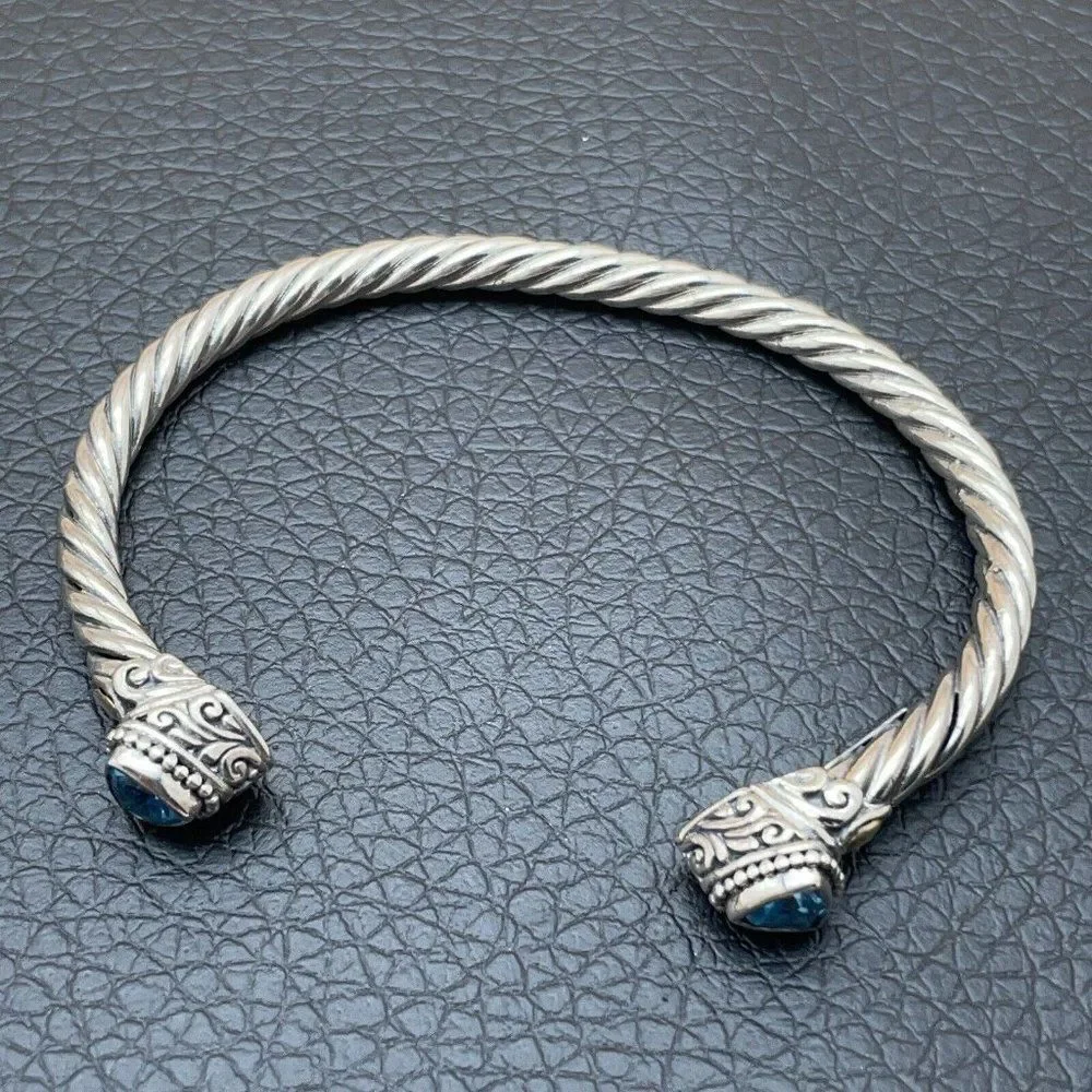 Cuff Bracelet Sterling Silver 18K Gold Blue Topaz Bali Designs Trillion Cut 6.75